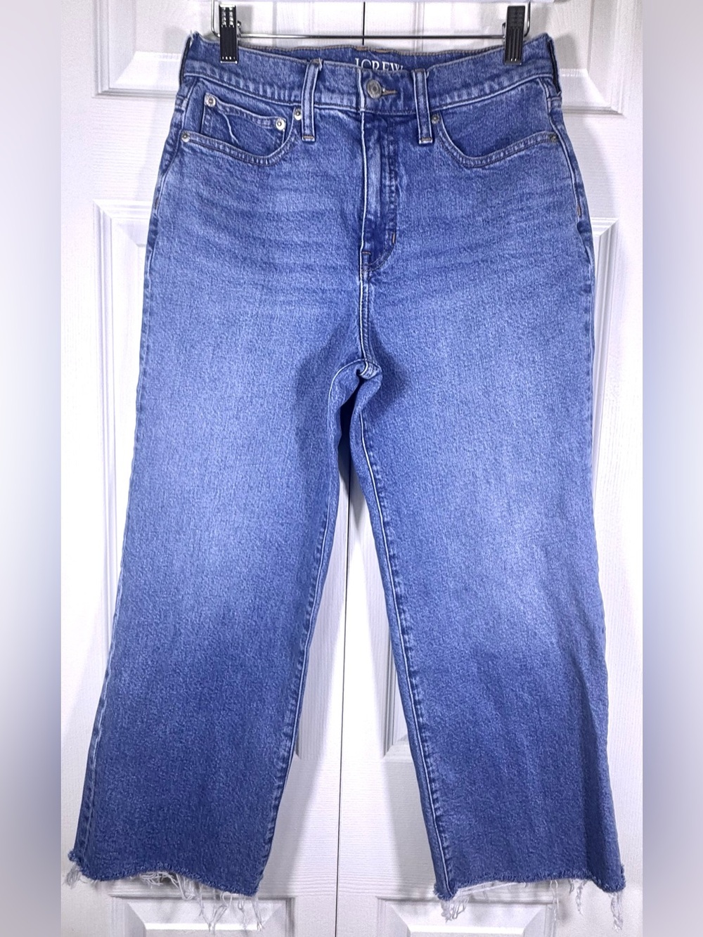 J.Crew Slim Wide Leg Jeans 27 Petite Raw Hem Cropped High Rise Blue
